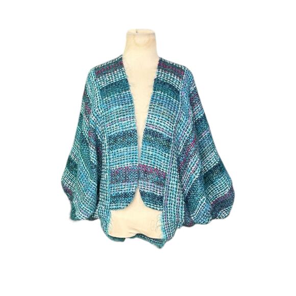 NESSA WARNER teal Handwoven Wool Open front Shrug Sweater Jacket One Size - Picture 12 of 16